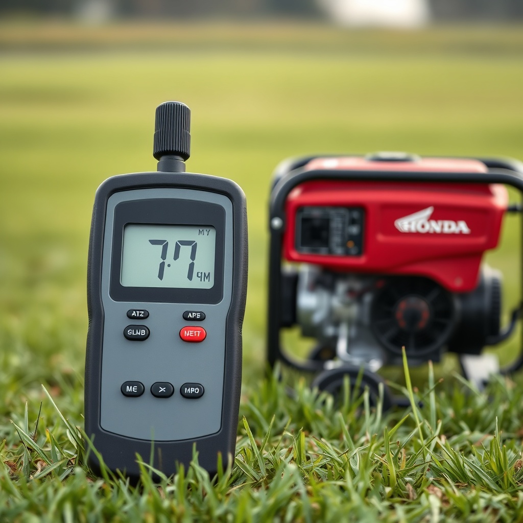 A photorealistic illustration of a sound level meter placed 7 meters from a running Honda