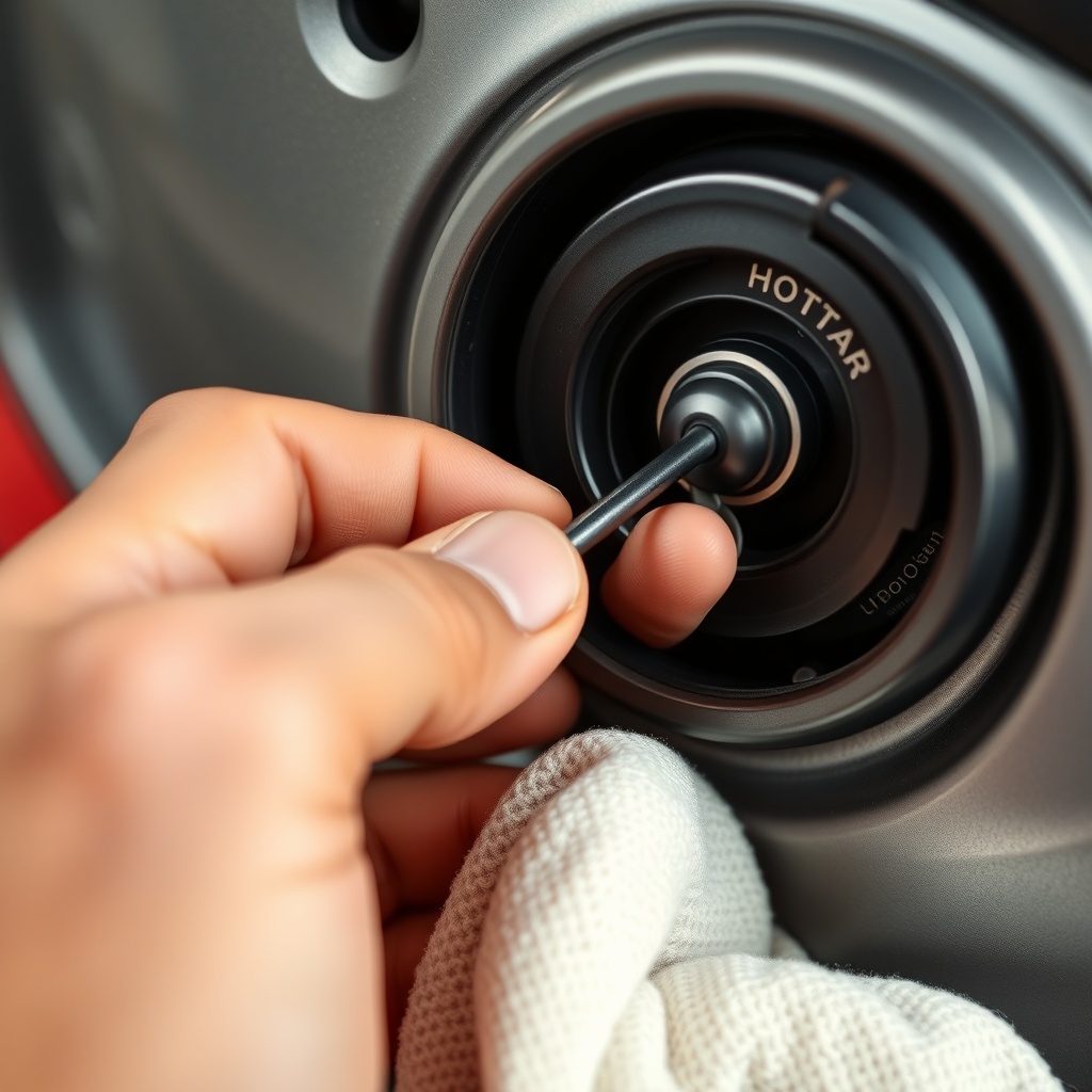 A photorealistic close-up of a person's hand checking the oil dipstick on a Honda EU22i