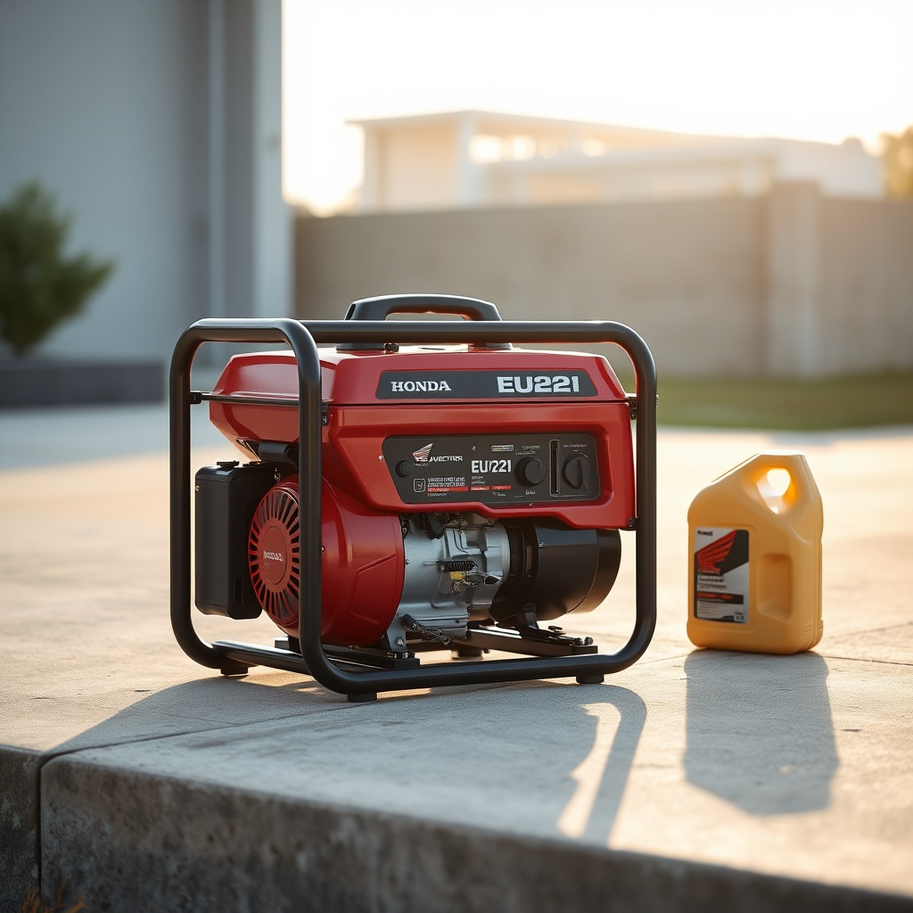 A photorealistic wide shot of a Honda EU22i generator placed on a flat concrete surface ou
