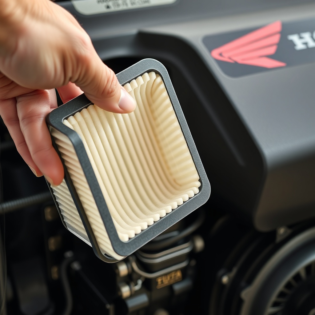 A close-up photorealistic photo of a hand holding a clean air filter element next to a Hon