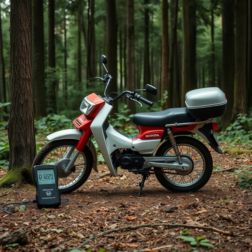 <clean photorealistic photo of Honda EU22i running on a forest floor with sound level mete