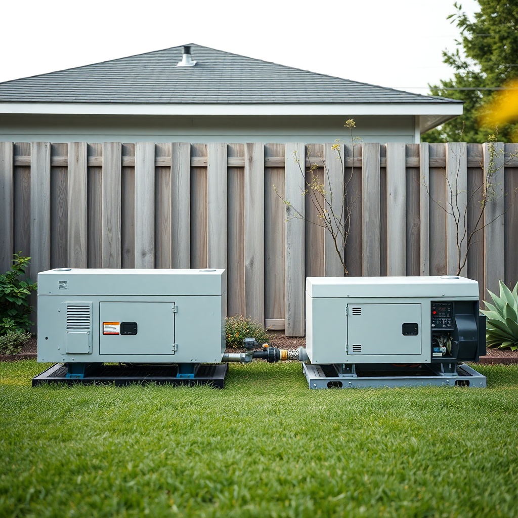 <clean photorealistic comparison photo of both generators side by side in a quiet backyard