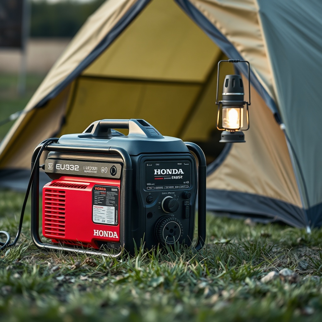 A clean photorealistic photo of the Honda EU32i generator placed on grass near a tent