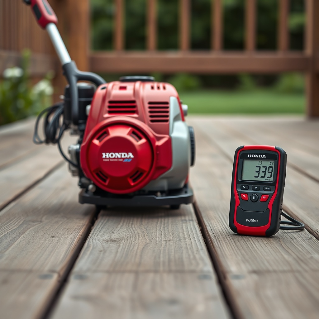 A clean photorealistic photo of the Honda EU32i running on a wooden deck
