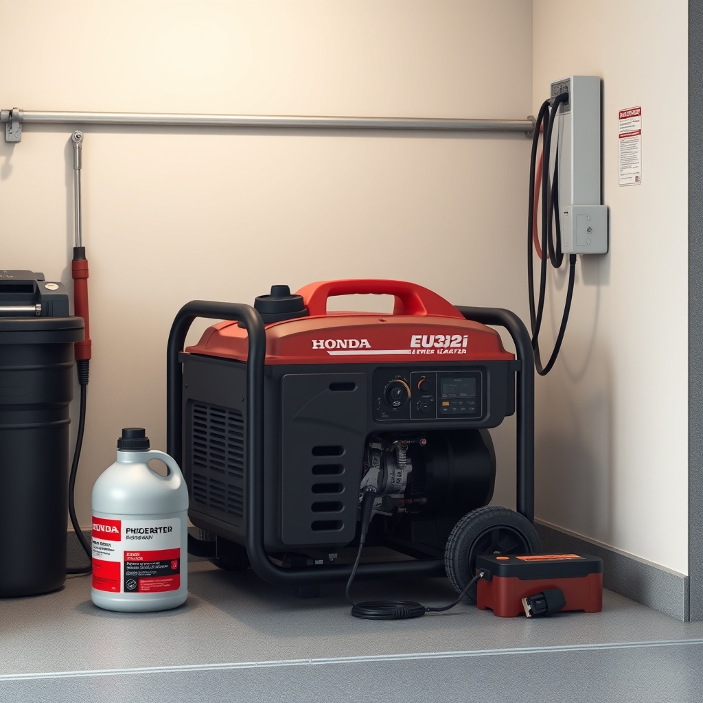 A realistic illustration of a Honda EU32i generator being stored in a clean garage