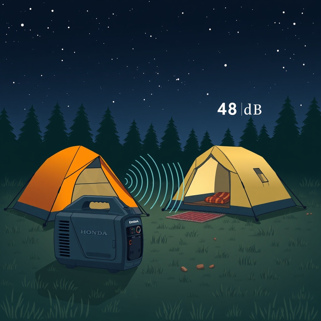 Illustration of a campsite with a Honda EU32i placed 7 meters away from a tent