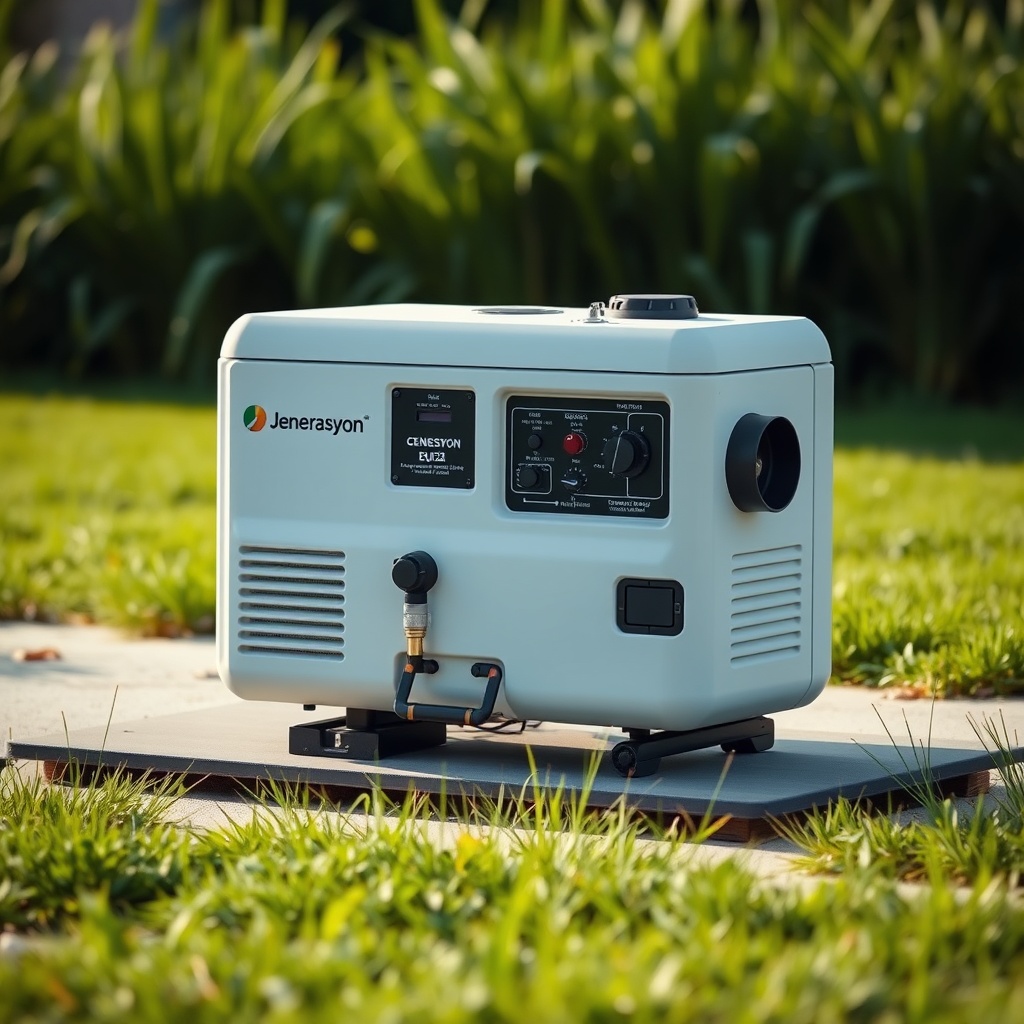 <A clean photorealistic photo of the Jenerasyon EU22i generator placed on a flat surface o