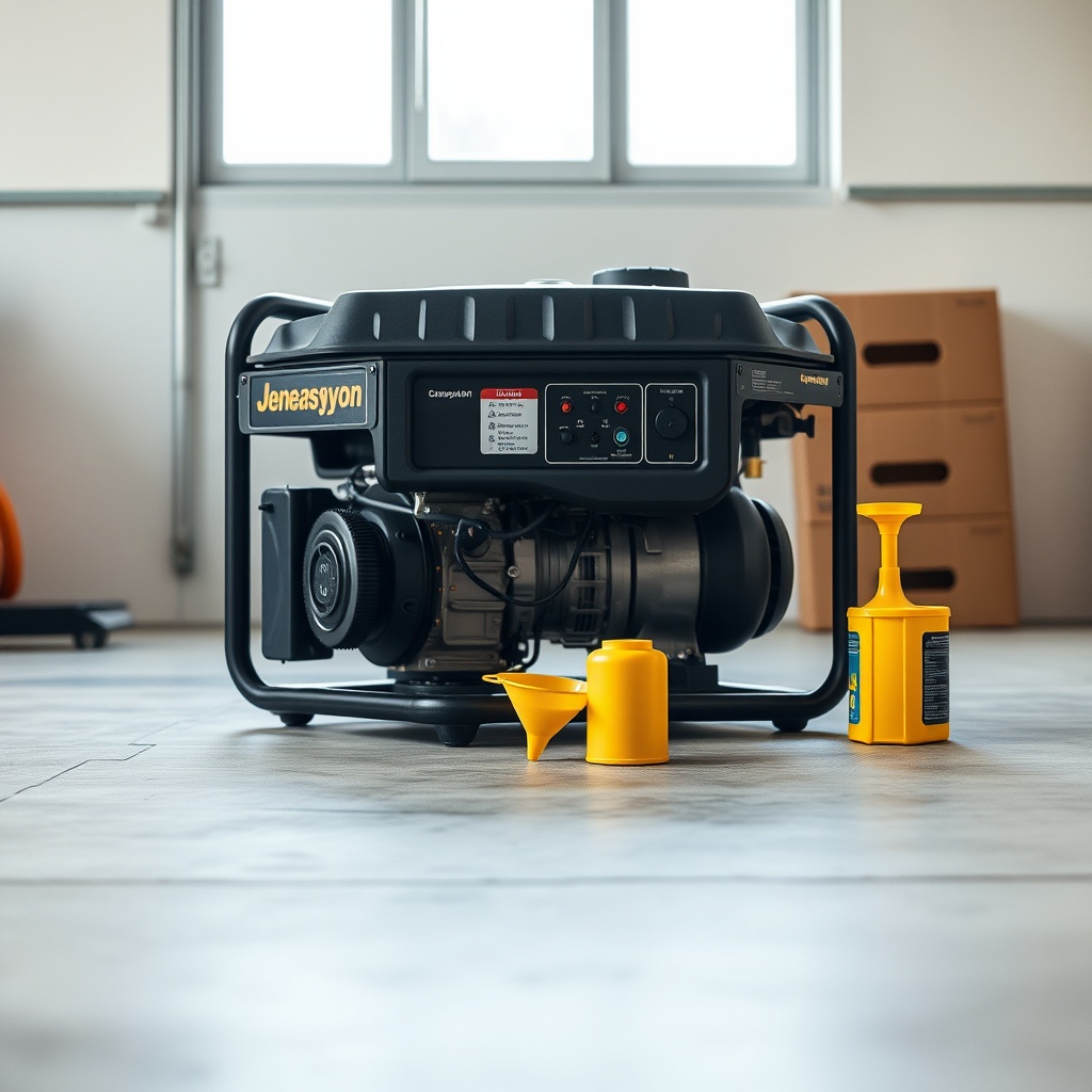 <A photorealistic photo of a Jenerasyon EU22i generator placed on a flat concrete floor in