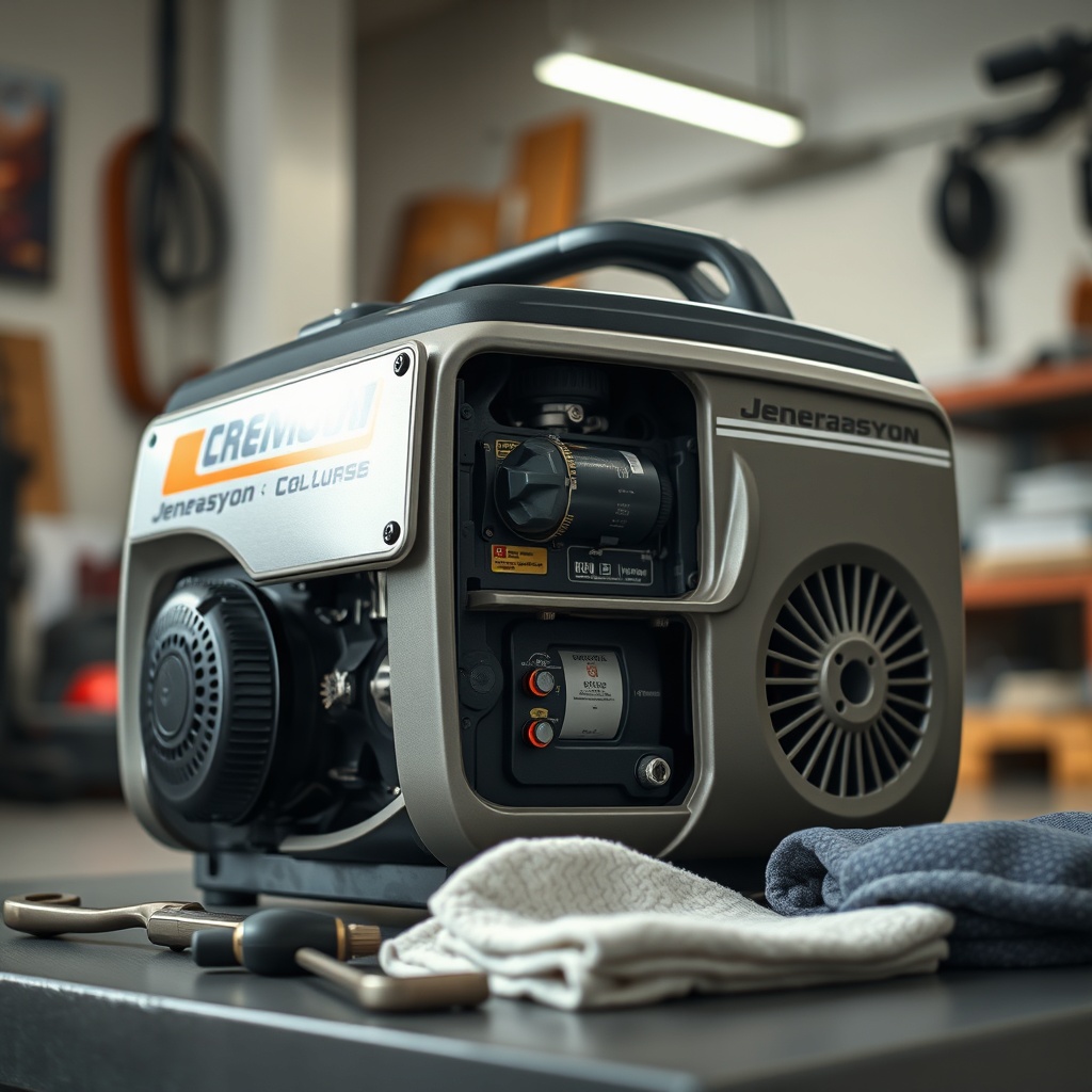 <A photorealistic horizontal view of a Jenerasyon EU22i generator with its side panel remo