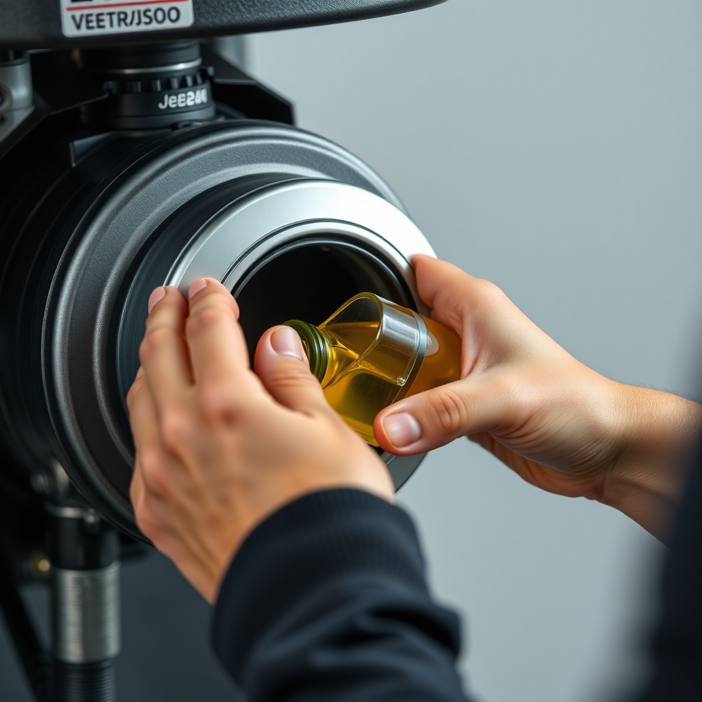 A photorealistic close-up image of a person's hands changing the oil on a Jenerasyon EU22i