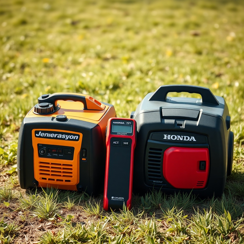 A photorealistic photo of two portable generators side by side on grass
