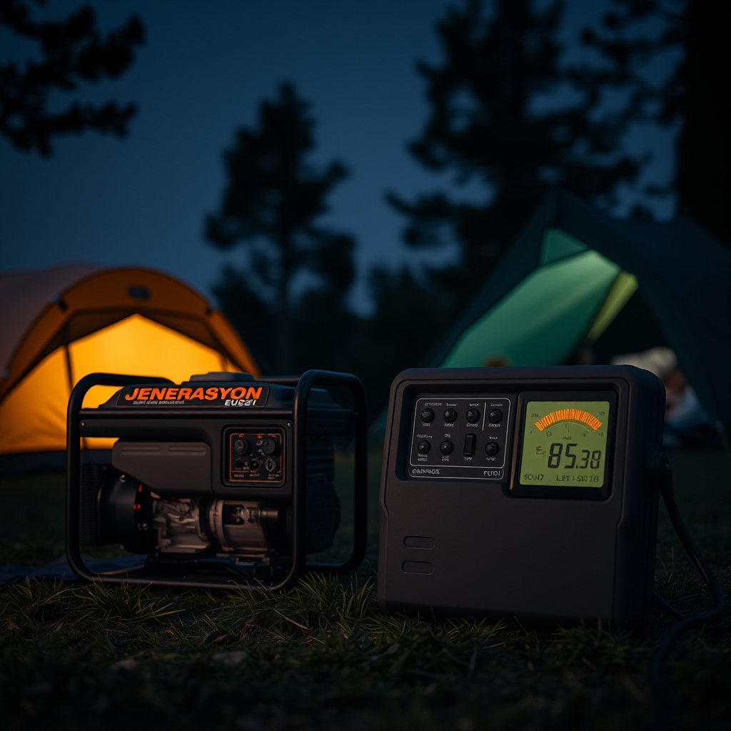 A photorealistic photo of a Jenerasyon EU22i generator running at night in a campsite