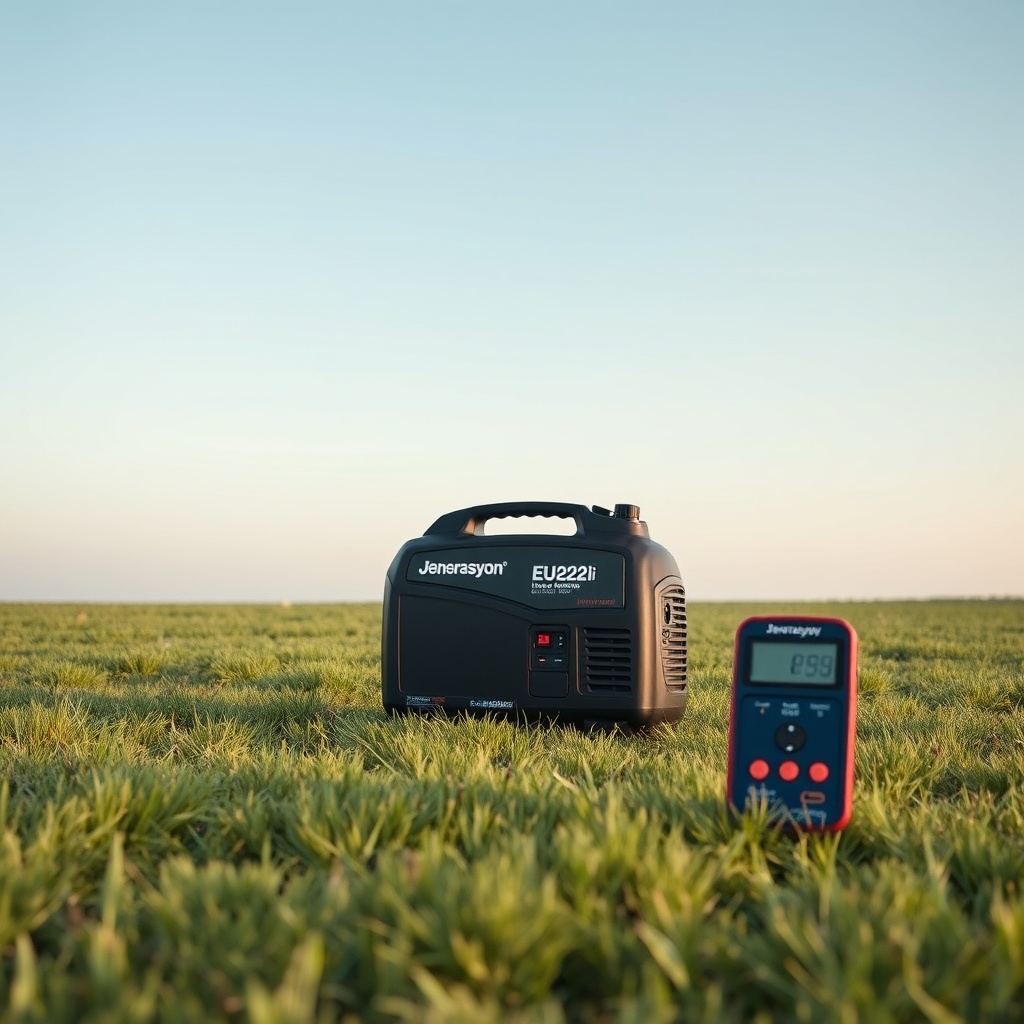 A photorealistic photo showing a Jenerasyon EU22i inverter generator placed on a grass fie