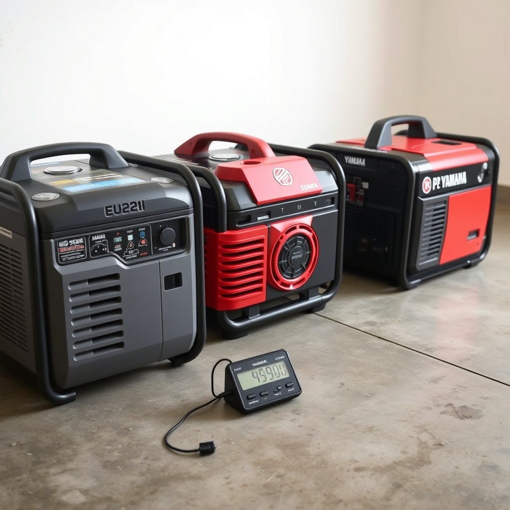A photorealistic comparison photo showing three different inverter generators (Jenerasyon