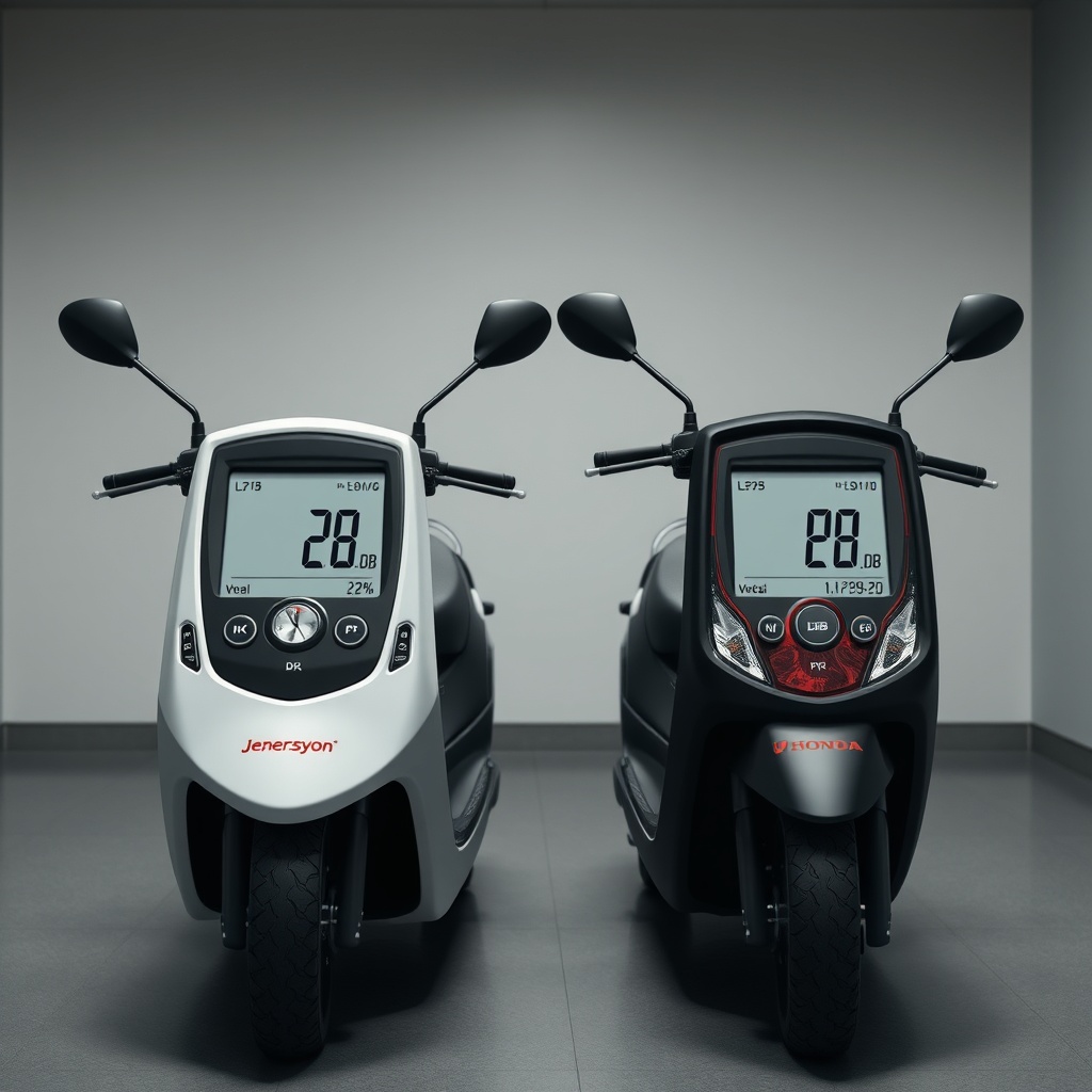 <clean photorealistic photo/illustration of Jenerasyon EU22i and Honda EU22i side by side