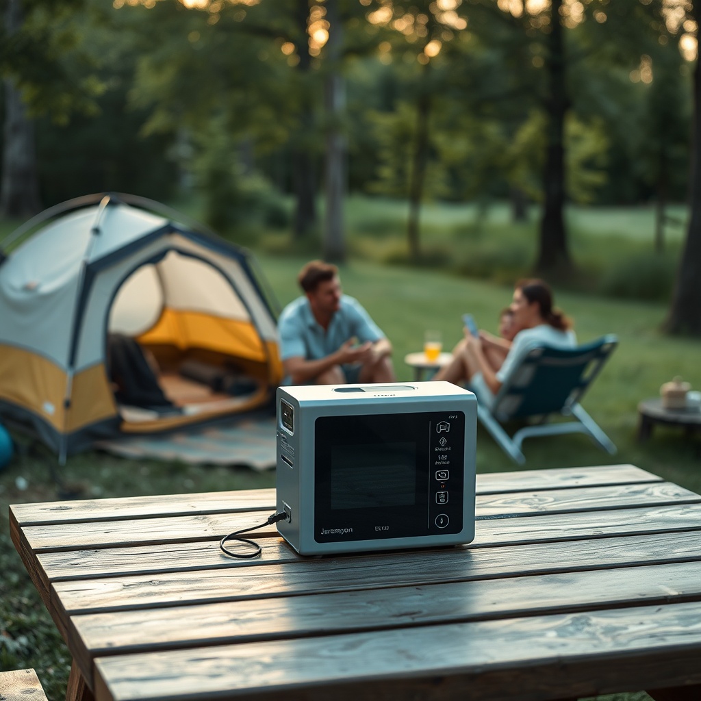 <clean photorealistic photo/illustration of a Jenerasyon EU22i placed on a picnic table ne