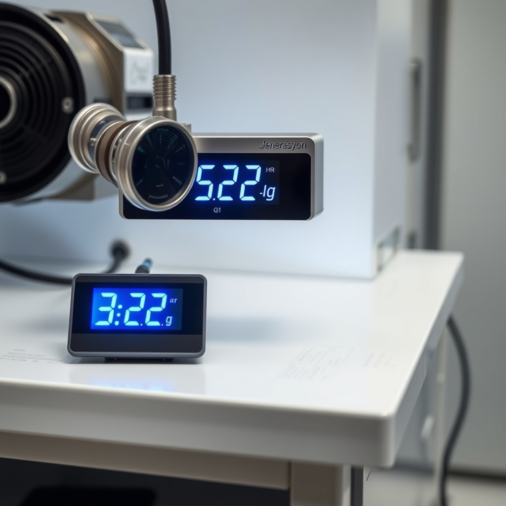 <A clean photorealistic photo of an emissions testing device connected to the exhaust of a